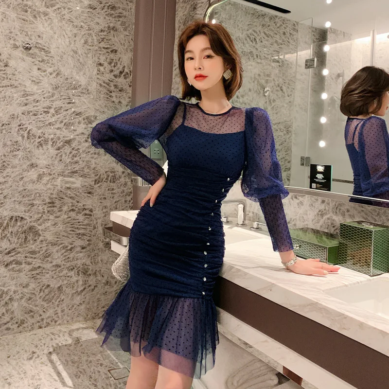 

2020 autumn new fashion look thin folds polka dot mesh fishtail wrap hip dress Zippers Knee-Length Office Lady