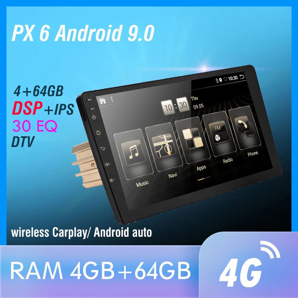 1 din DSP Android 10 PX6 Multimedia DVD Video Player GPS Navigation Car Radio Stereo Wifi BT HDMI Carplay TV OBD DAB SWC 4G+64G