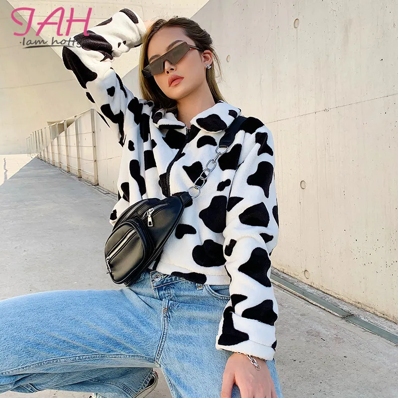 

IAMHOTTY Cow Print Zipper Fuzzy Teddy Jacket Fashion Casual Winter Warm Fleece Jacket Women Korean Lamb Woolen Outweats Overcoat