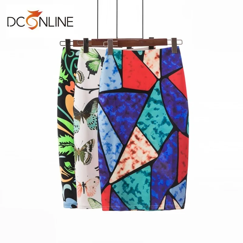 Юбка с принтом для женщин, прямая, тонкая, высокая талия, повседневная, Геометрическая, до колена, Империя, осенняя одежда, Женская молния, большие размеры