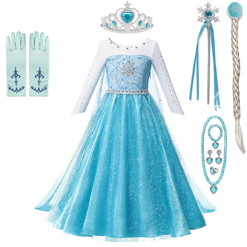 Elsa Dress Sets C Детское платье принцессы Эльзы для девочек; Длина до пола; элегантные платья с блестками; Детский Рождественский подарок; блестящие вечерние костюмы синего цвета для костюмированной вечеринки - Цвет: Elsa Dress Sets C