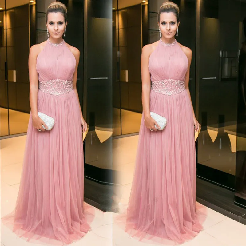 

Halter Neck A-line Women Dinner Dress Beading Tulle Formal Evening Gown robe de soiree