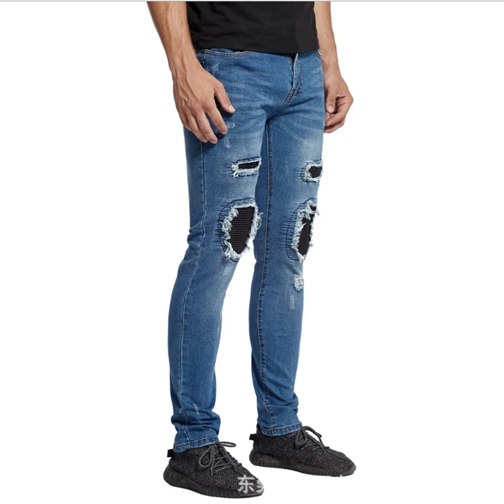 EH·MD® Ligament High Stretch Jeans Men's Tight-fitting Washed Holes Blue Feet Pure Cotton Black Pleated Decoration Cat Whisks