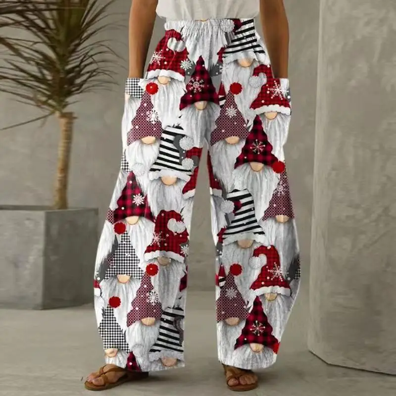 flare pants New Fashion Women Christmas Print Trousers Spring Casual Wide Leg Full Length Pants Autumn Loose Elastic Waist Pocket Trousers nike sweatpants Pants & Capris