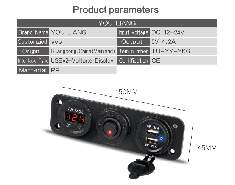 Модифицированный автомобильный Зарядное устройство с двумя портами USB гнездо адаптера Панель 12 V-24 V с светодиодный Дисплей Вольтметр и независимый переключатель для морской лодки