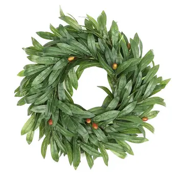 

FULL-16 Inch Door Wreath Artificial Real Wicker Frame Faux Olive Leaves | UV Resistant Farmhouse Home Decor Built-In Hanging Loo