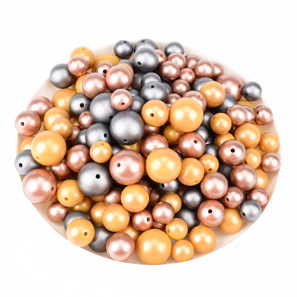 LOFCA 20pcs Metallic Golden Print Silicone Beads 19mm Food Grade Silicone 12mm Sliver Pearl Teether Beads DIY Teething Nursing 3