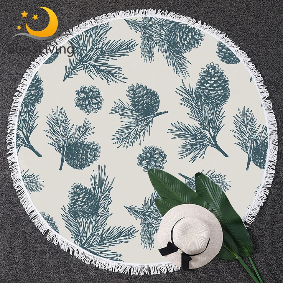 

BlessLiving Pine Cones Large Round Beach Towel for Adult Green Natural Tapestry Pinecone Mat Leaf Leaves Toalla Blanket 150cm