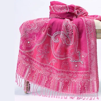 

Women Wool Blend Shawls Autumn Spring Winter Scarves Embroidery Flower Mujer Bufanda Beads Handmade Wrap Cachecol Feminino
