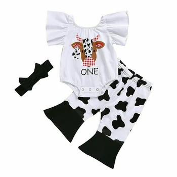 

3pcs Newborn Baby Girl Clothes Short sleeve Cow Romper Top+Pants+Headband Toddler Baby clothing Summer Cute Outfits Set