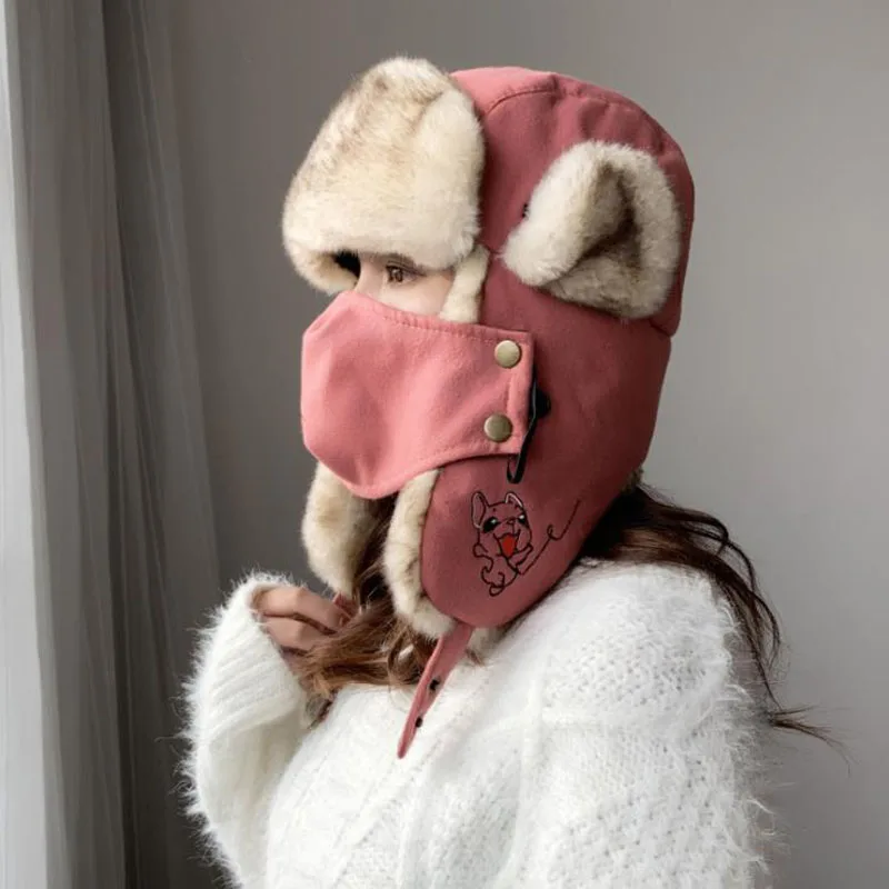 Doitbest women hat Winter fur bomber hats Windproof Thick warm women‘s Outdoor skiing cute dog cat Face Mask Earflap ushanka hat image_2