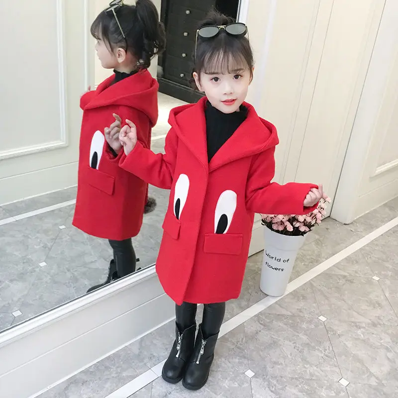 

2019 Girls Autumn Cartoon Eyes Woolen Coat for Girl Hooded Fashion Solid Clothes Winter Warm Overcoat Kids Teen Outerwear Jacket