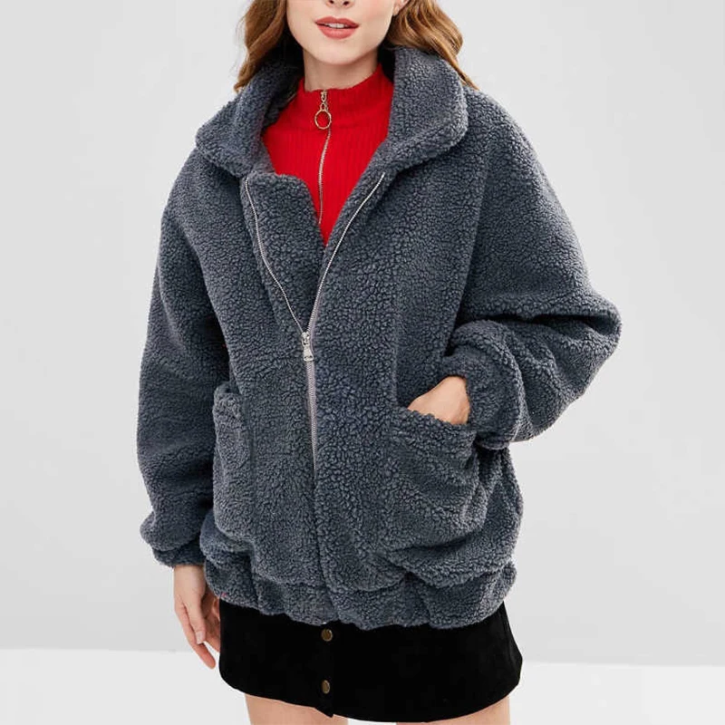 buy Women Loose Casual Plush Coat Solid Color Zip Pocket Jacket Female Short Lapels Warm Jacket Female