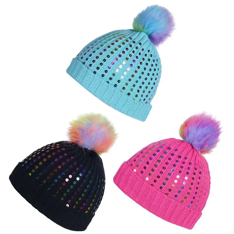 

Womens Girls Chunky Ribbed Knit Beanie Cap Rainbow Fluffy Pompom Ball Colorful Sequins Embellished Winter Ear Warmer Cuffed Hat