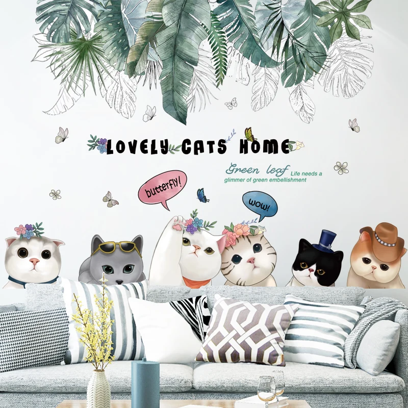

[shijuekongjian] Lovely Cats Animals Wall Stickers DIY Tropical Leaves Wall Decals for Kids Room Nursery Home Decoration