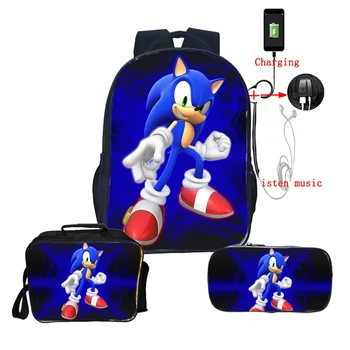 

Sonic Backpack USB Charging Bags Student School Backpack Lunch Bag Pencil Case Boys Girls USB Design Shoulder Bags Teens Bags