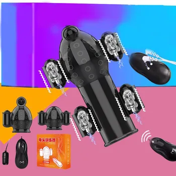 Electric Shock Glans Vibrators Ring For Male Masturbator Penis Delay Lasting Trainer Massager With 5 Caps Adult Sex Toy For Men 2