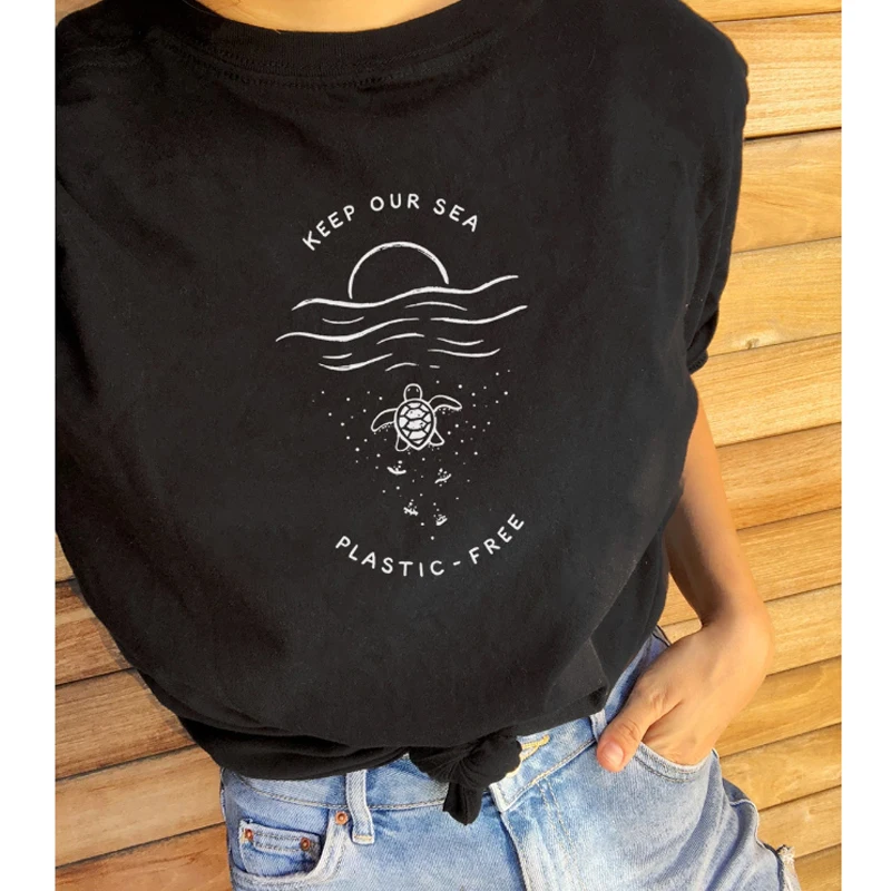 

Keep Our Sea Plastic-free Turtle Printed Eco T-shirt Unisex Summer Crewneck Organic Tshirt Trendy Women Slogan Graphic Tees Tops