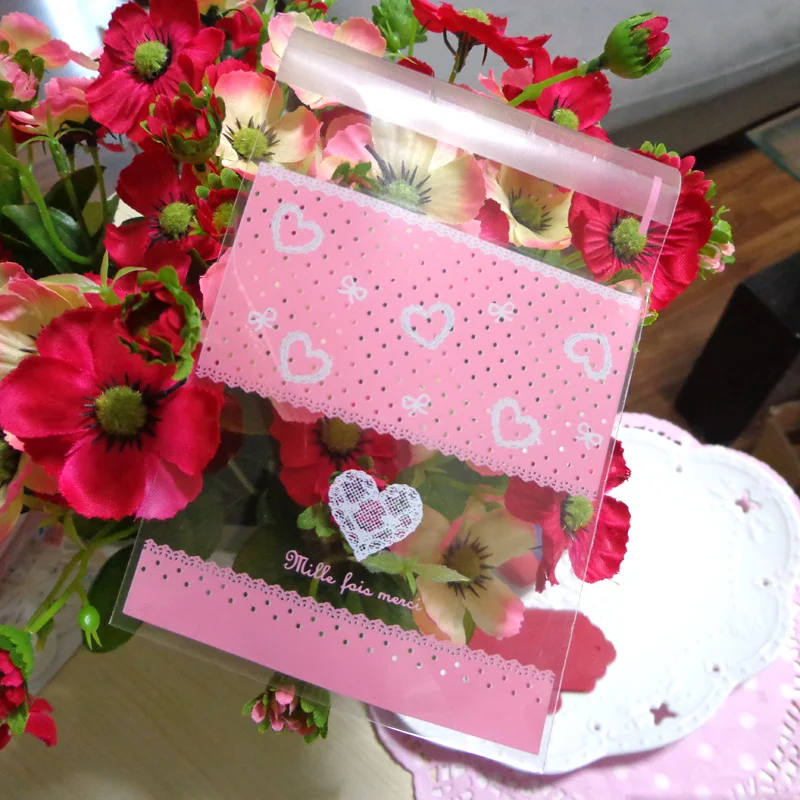 

100pcs Heart Party Cookies Biscuits Bags Self-adhesive Wedding Cellophane Bag Cake Candy Gift Bags