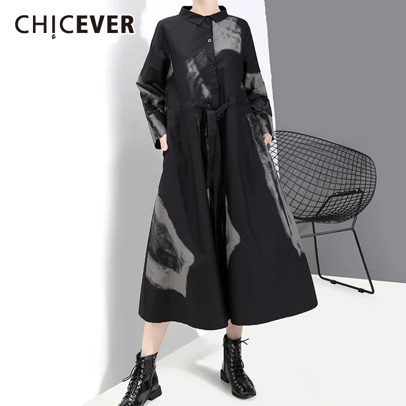 CHICEVER Япония принт хит цветные платья для женщин воротник с лацканами высокая