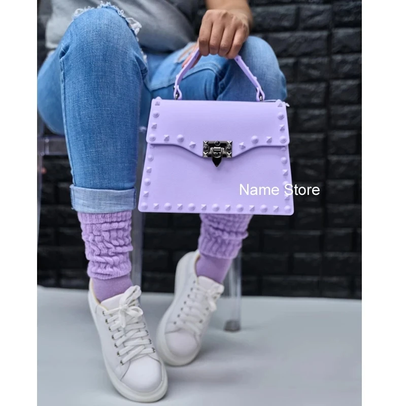 

Summer New Women's Bag Candy Color Rivet Jelly Bag Fashion Outdoor Ladies Handbag Shoulder Messenger Bag