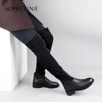 

SOPHITINA Comfortable Boots Elastic Fabric Splice High Quality Sheepskin Round Toe Women Shoes Fashion Zipper Design Boots SC653