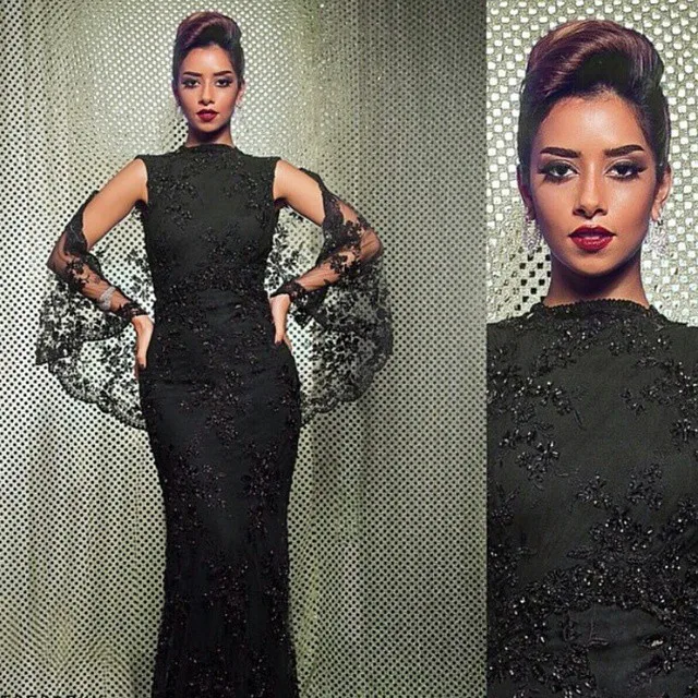 

Saudi Arab Prom Dresses 2019 vestidos de gala High Neck Sleeveless Appliques Beads Floor Length Tulle Prom Gowns free shipping