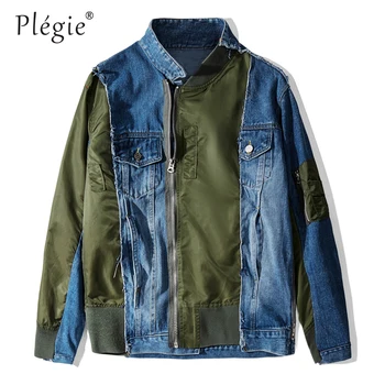 

Plegie Patchwork Irregular Front Zipper Denim Jacket Men Street Mens Jeans jacket Streetwear Punk Rock Motorcycle Jackets