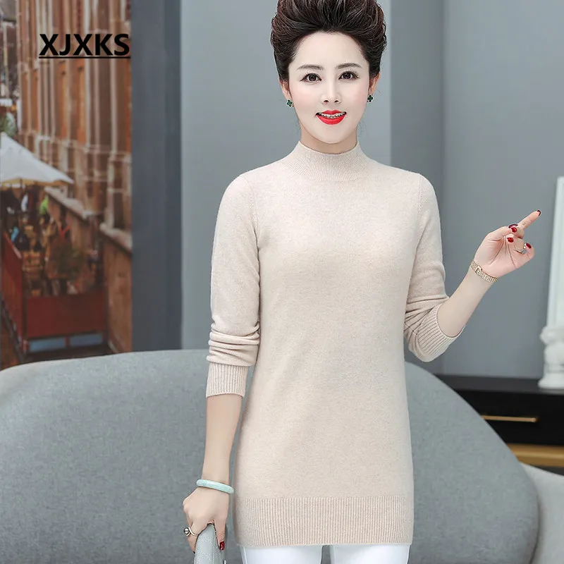 XJXKS winter new high-end wool women knitted dress loose plus size comfortable casual women turtleneck sweater - Цвет: Бежевый