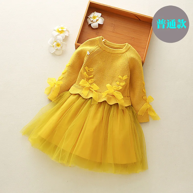 yellow Одежда для девочек осенне-зимнее теплое платье-свитер для маленьких девочек, бархатное кружевное Сетчатое платье для маленьких девочек, детская праздничная одежда, LZ588 - Цвет: yellow