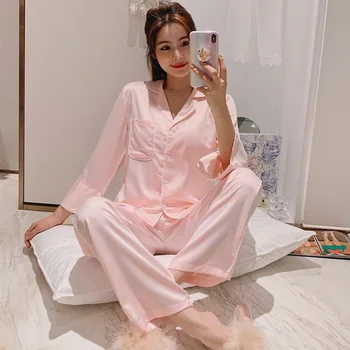 

2020 Women's Pajamas Spring And Autumn Simulation Silk Long-Sleeved Trousers Female Pyjamas Ladies Sexy Pyjama Home Service Suit