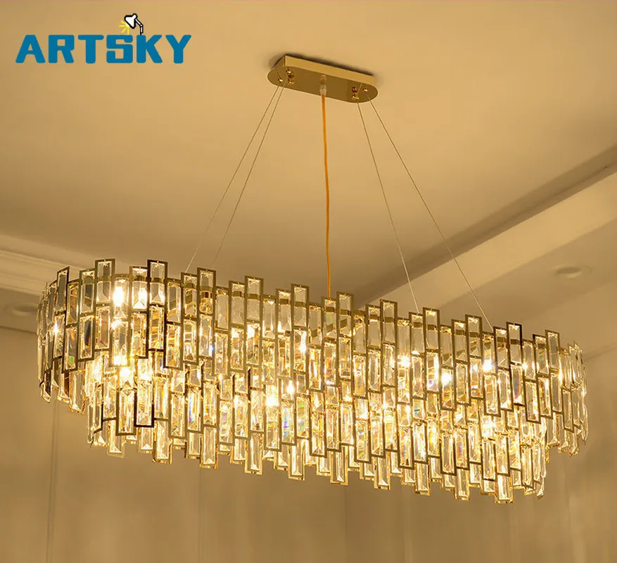 

Rectangle Crystal Chandelier Restaurant Lamp Post Modern Creative Personality Dining Room Lamp Golden Light Luxury New Lamps