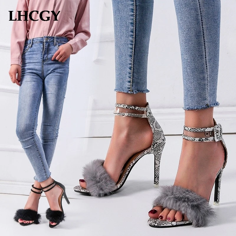 

2019 New Fashion High Heels Sandals Thin Heels Pumps Real Fur Sandal Black Sexy Ankle Strap Party Shoes Woman zapatos mujer 7606