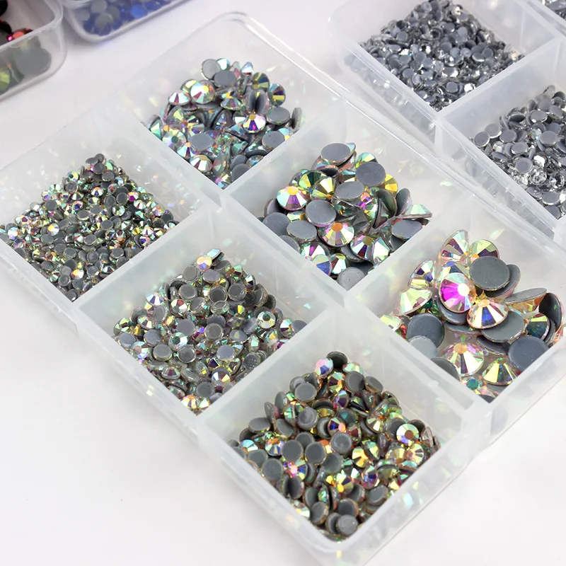 Mixed Sizes 6 Grid Box Blue Zircon AB Glass HotFix Rhinestones For Clothing  DIY