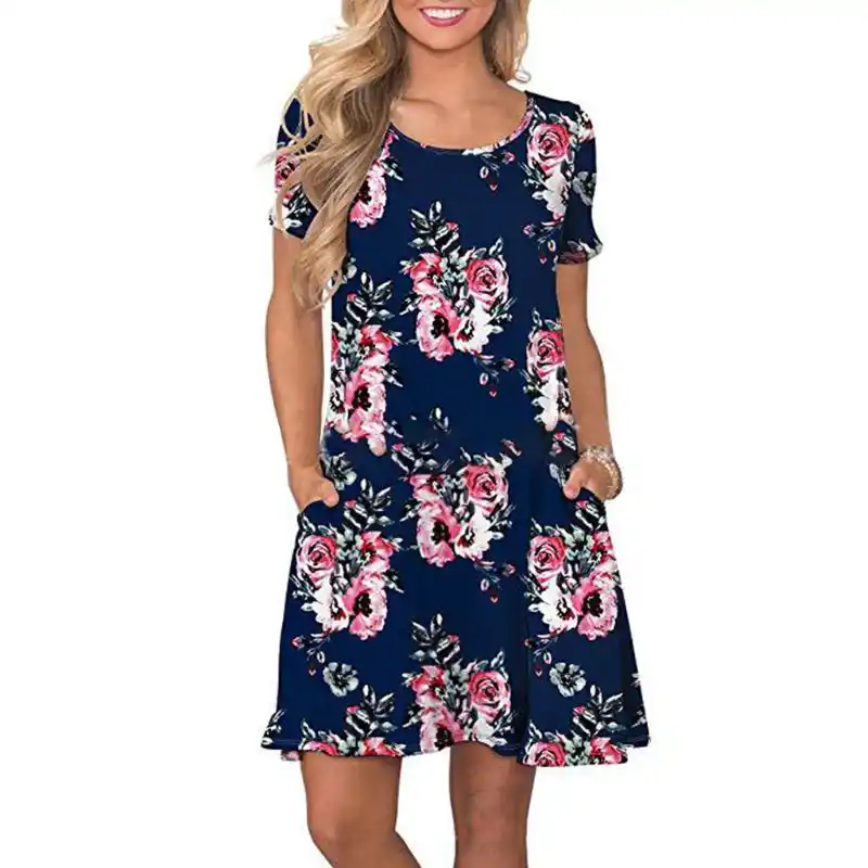 Keepfit Womens Casual Bohemian Flower Print Long Dress Short Sleeve 
