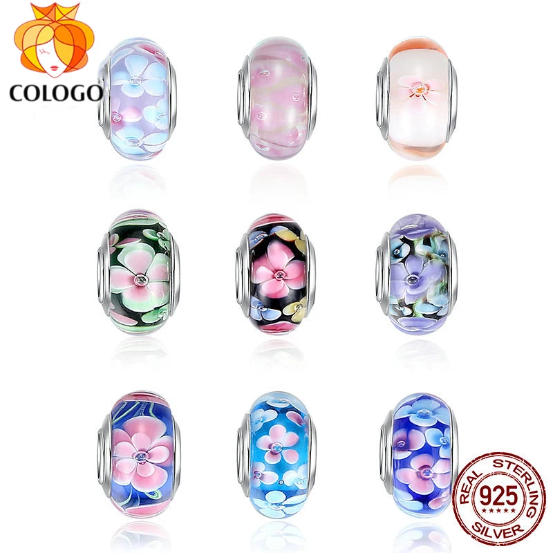 

COLOGO 100% Real 925 Sterling Silver Effervescence Murano Glass Beads Fit Original Charm Bracelet DIY Authentic S925 Jewelry