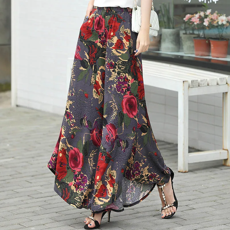 Pantalones de pierna largo ancho con estampado Floral para mujer, calzas informales holgadas de cintura alta, pantalones de talla grande para mujer con bolsillos