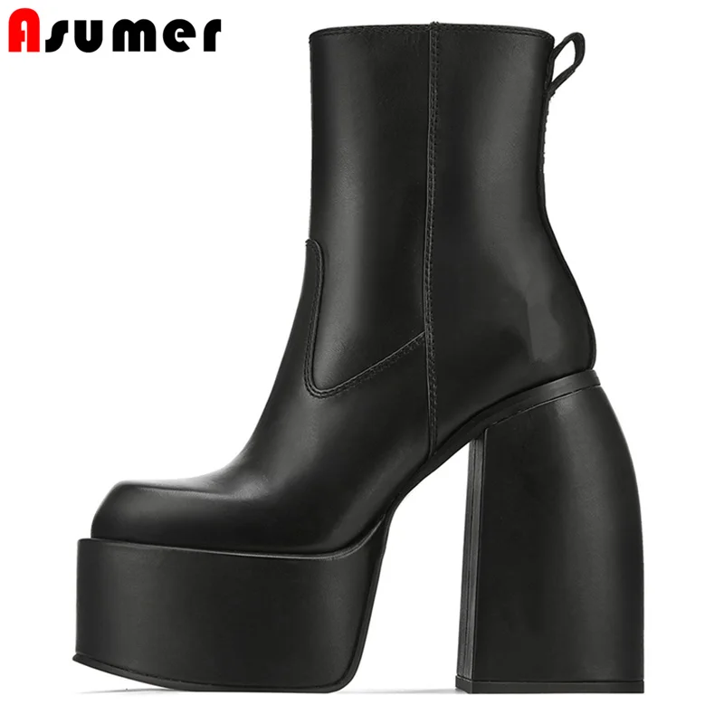 

Size 34-43 Luxury Brand New Genuine Leather Boots Thick Bottom Platform Chunky Boots Women Zipper High Heels Ankle Boots Shoes