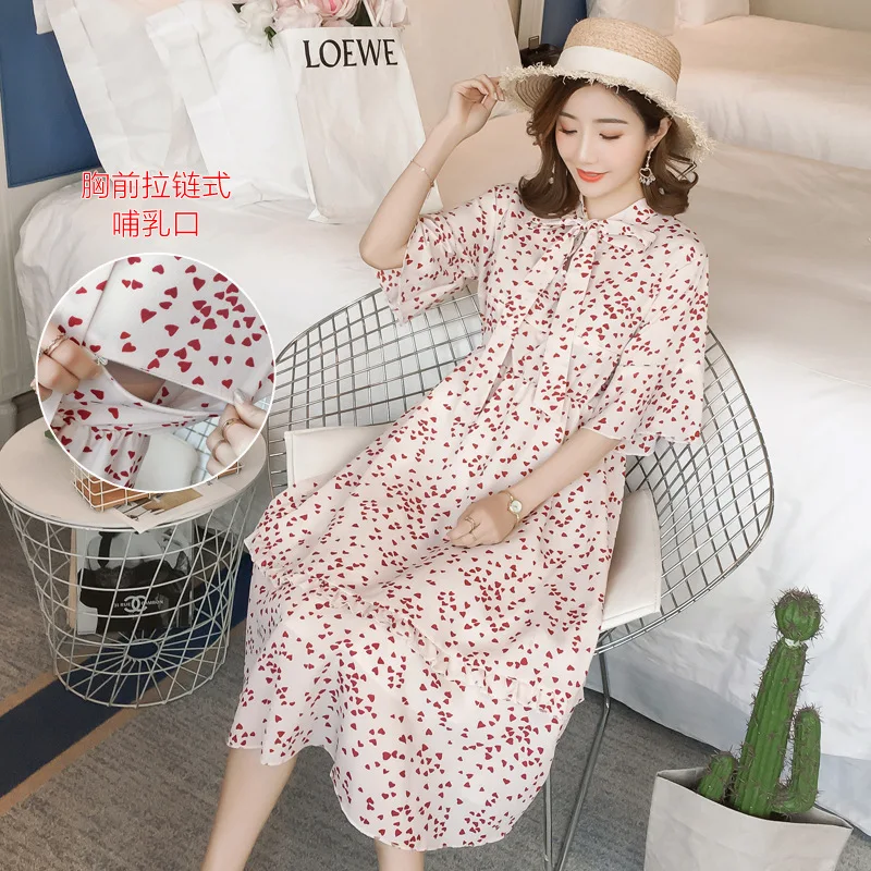 

2019 Summer Korean-style Pregnant Women Nursing Dress Chiffon Mid-length Nursing Clothes