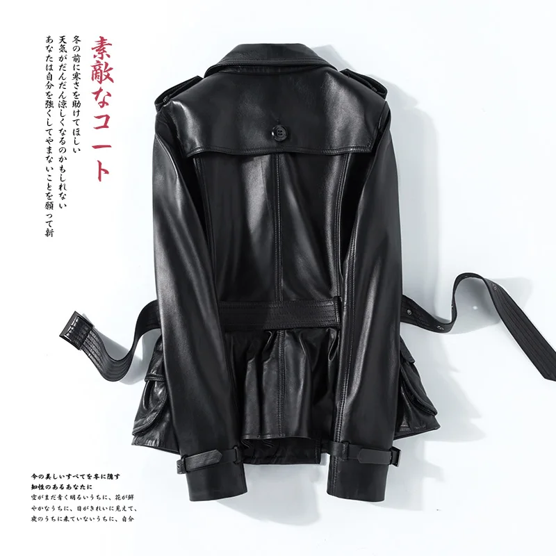 Nerazzurri Black spring leather trench coat women belt long sleeve double breasted womens high fashion 2020 Leather jacket women