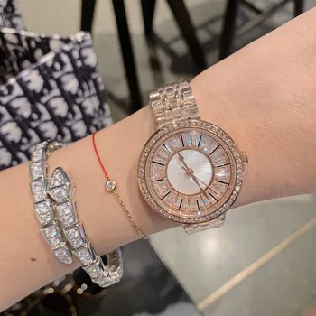 

Elegant Full Silver Color Women Jewelry Watches High-end Sparkly Zircon Crystals Watches Waterproof Full Steel Bracelets Quartz