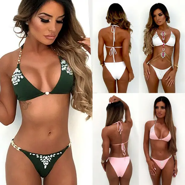 

Sexy Solid Bikini Set Low Waist Swimwear Women Brazilian Bathing Suit Summer Swimsuit Female Backless Beachwear Biquini Crystal