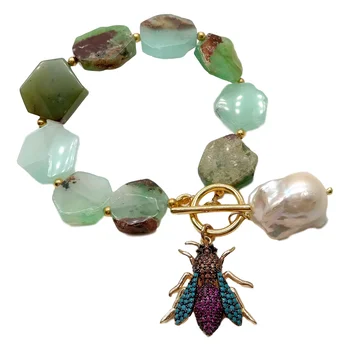 

Natural Green Chrysoprase Hexagon Bracelet Keshi Pearl Cz Pave Insect Charm