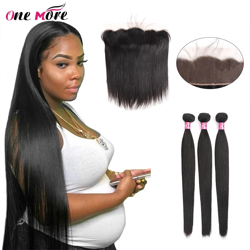 One More Straight Human Hair 3 Bundles With Frontal Closure Malaysian Remy Hair Pre Plucked Lace Frontal Closure With Bundles