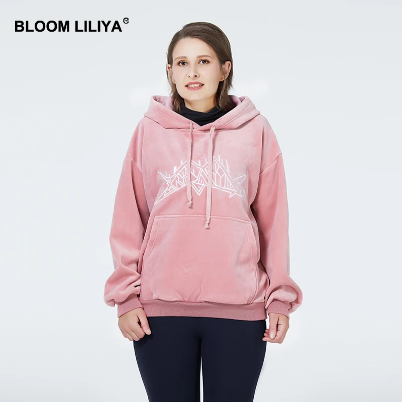 

BLOOM LILIYA 2020 New Women Hoodie Casual Velour Hoodies Print Thick Sweatshirt Long Sleeve Oversized Ladies Hoody Korean Style