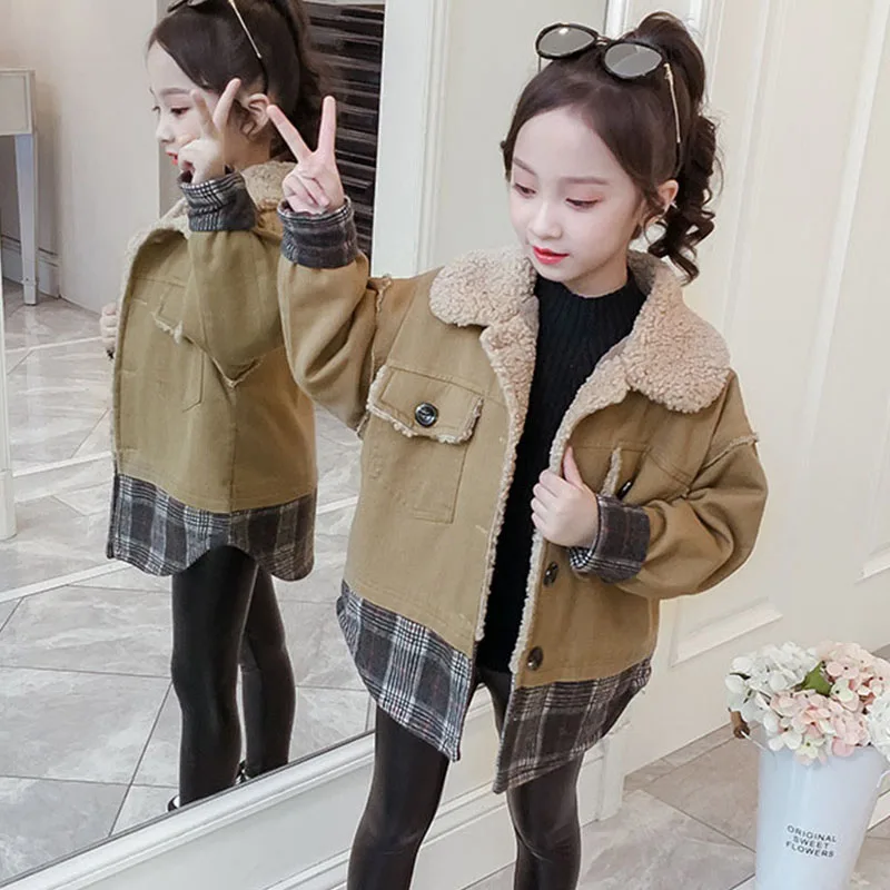 

Winter 2019 Girls Fur Collar Jackets & Coats Clothing Kids Fleece Warm Outerwear Tops Baby Big Girl Plaid Patchwork Coat Clothes