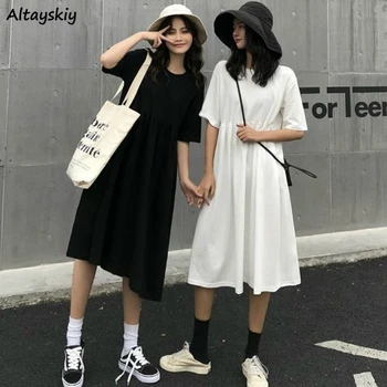 

Dresses Womens Summer Solid O-Neck Empire Knee-Length Plus Size 3XL Loose Korean Style Brief Design Chic Elegant Comfy Street