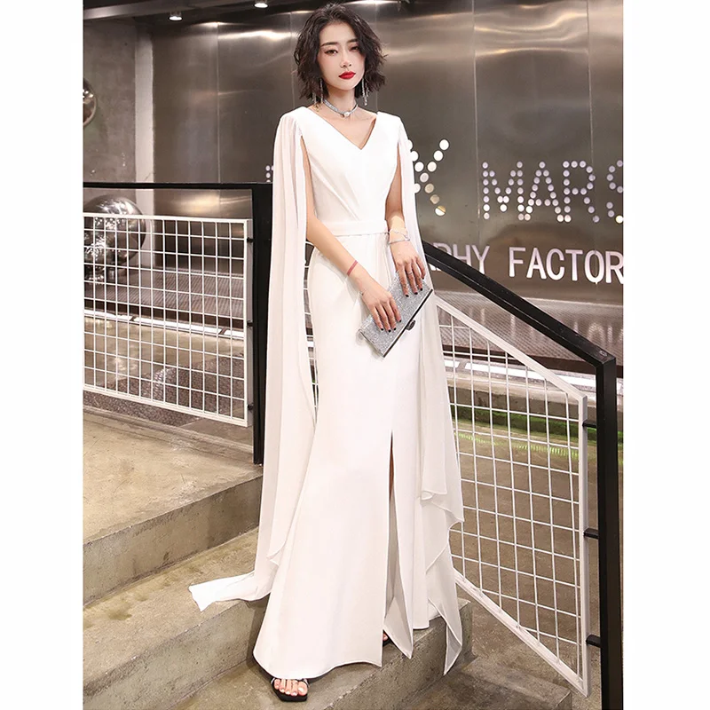 Это Yiiya вечернее платье Элегантное белое с v-образным вырезом Robe De Soiree LF232 сексуальное раскол шаль размера плюс Вечерние платья Русалка для женщин