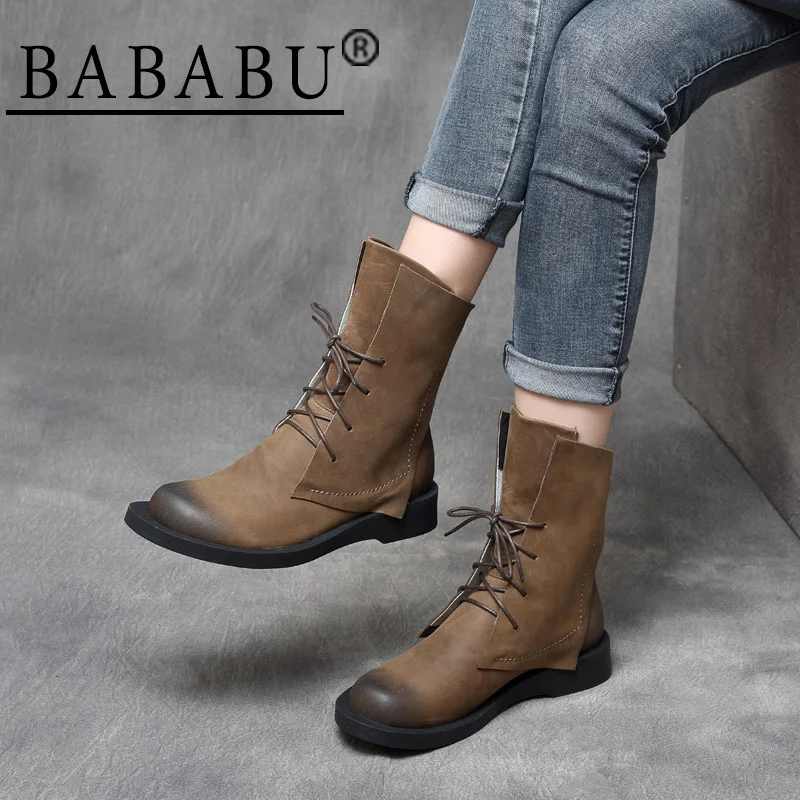 

2019 autumn and winter new handsome retro leather lace flat low heel single shoes British wind boots boots boots boots