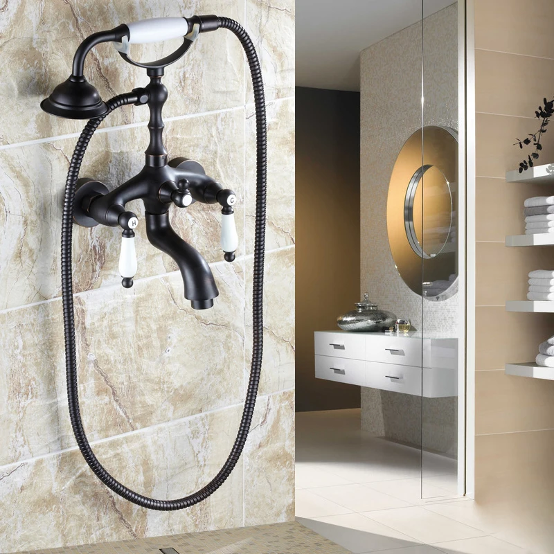 Bathtub Faucets Black Brass Shower Faucets Dual Handle Wall Mounted Bath Shower Faucet With Handheld Showers EG3401B